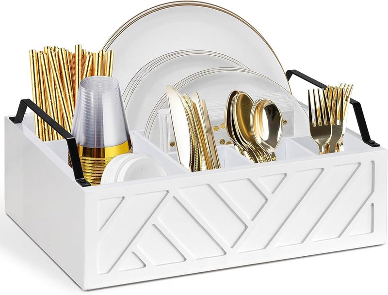 Ukonvi Paper Plate Dispenser and Holder for Kitchen Counter, Wood Rustic Silverware Utensil Caddy, Cutlery Flatware Organizer Box for Cups Spoons Forks Napkins, Kitchen Accessories (White) - Image 1
